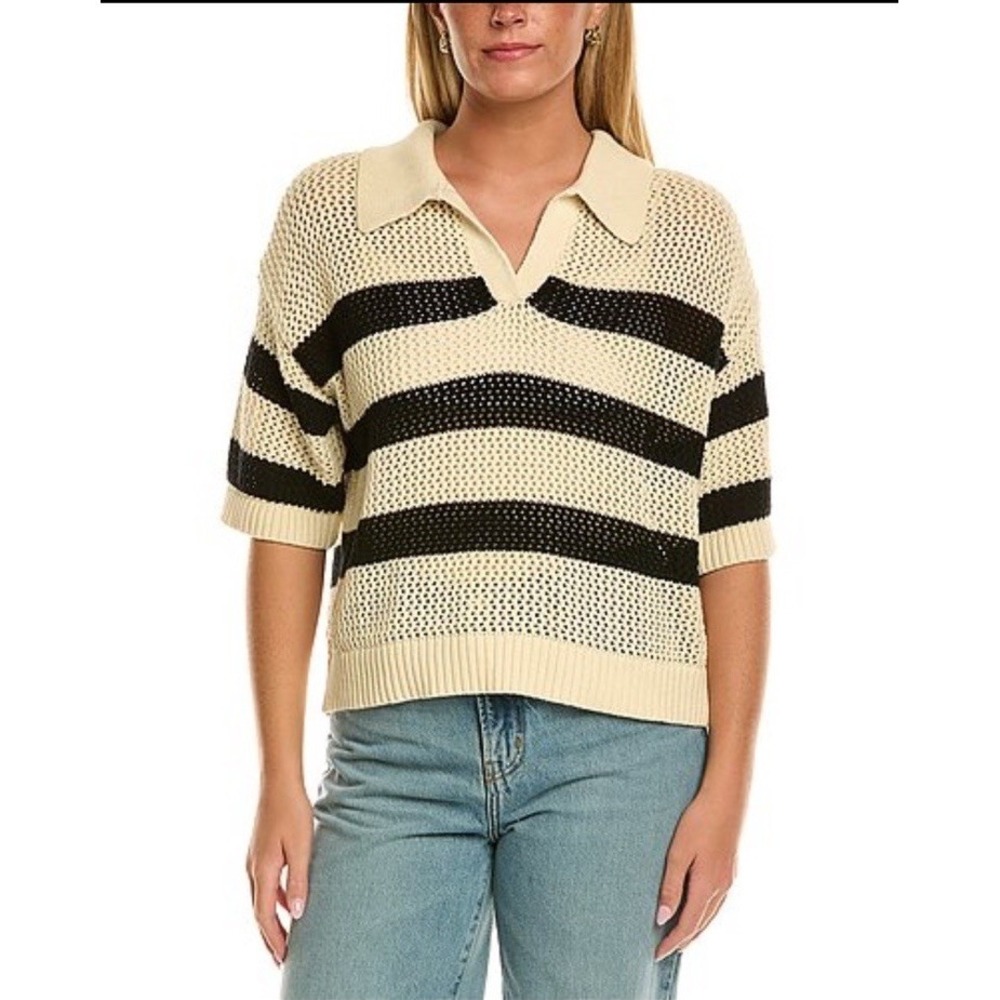 Velvet Graham & Spencer York Polo Open Weave Stripe Cotton Cashmere Sweater Sz S